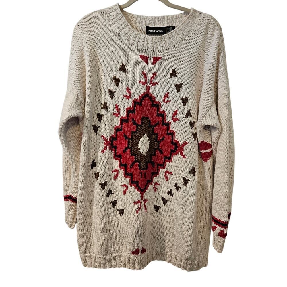 Paul Harris Vintage Ramie Cotton Sweater L Southwest Aztec Knit 80s 90s Oversize